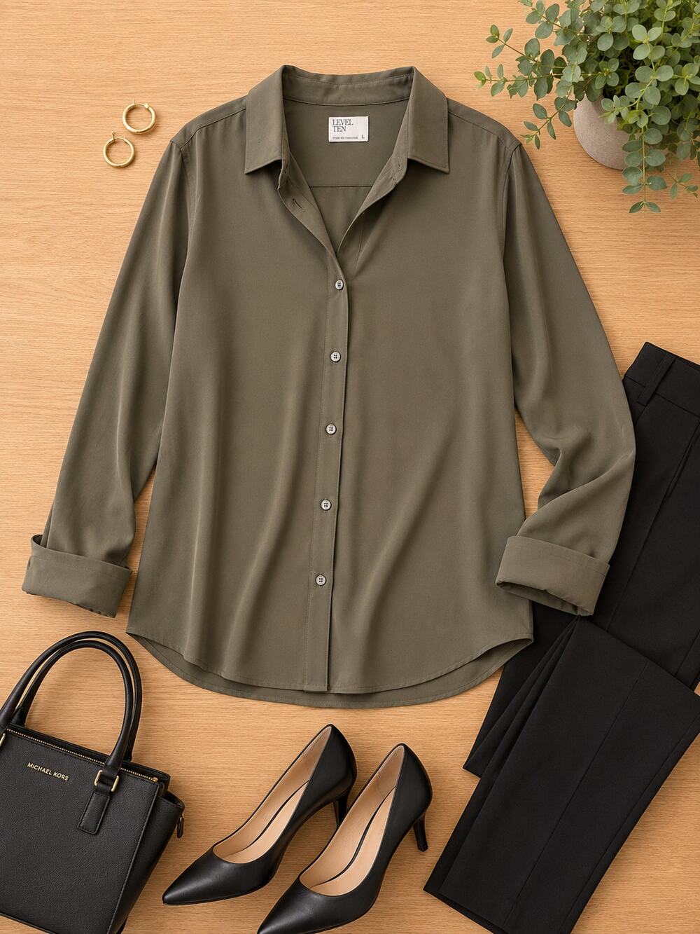 Level Ten Olive Green Stretch Button Up Blouse Long Sleeve Women's L